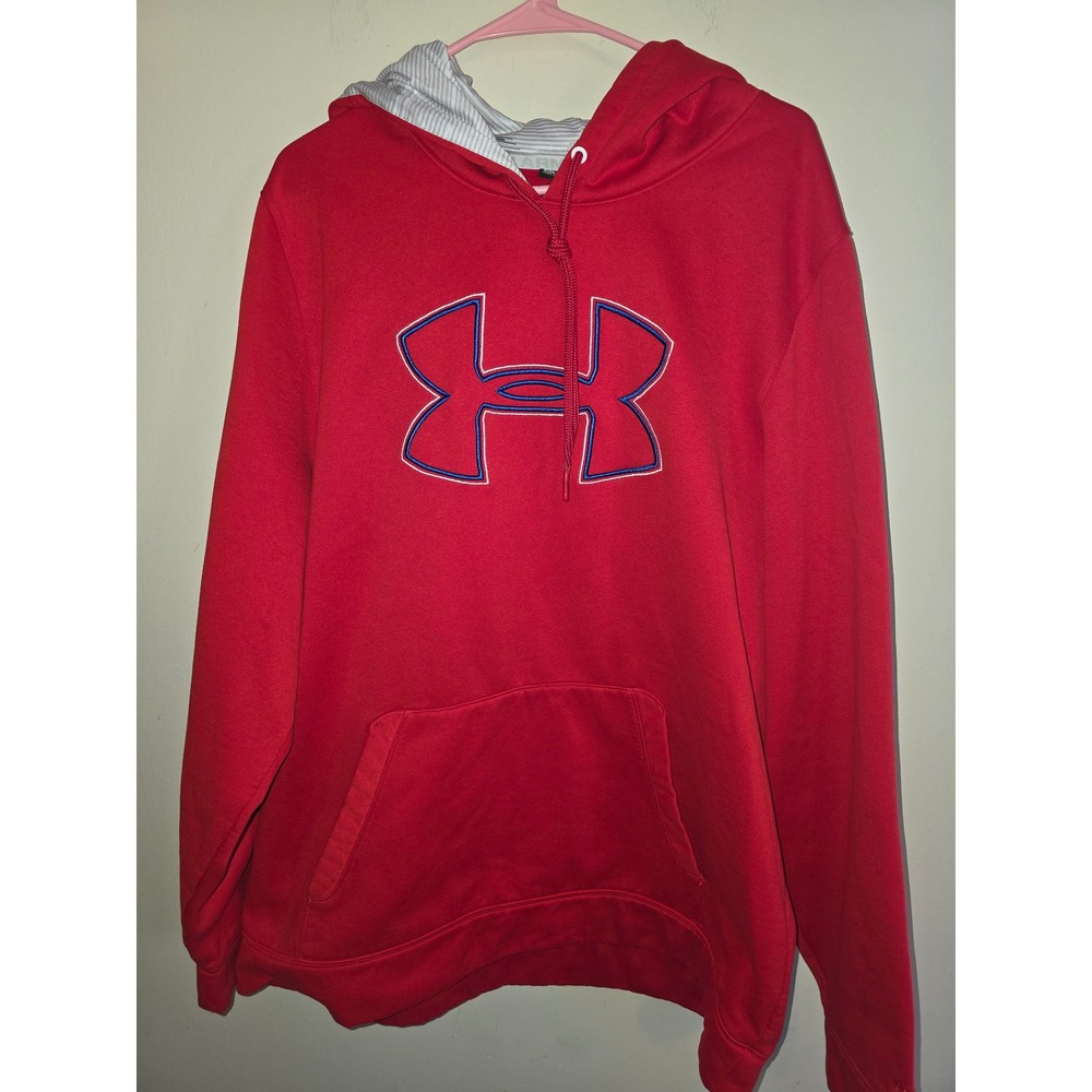Under Armour Mens Storm Hoodie Red Blue Embroidered Logo Pullover 2XL Loose Fit